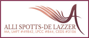 Logo with letter A appearing to dance over text that reads Alli Spotts-De Lazzer on top and MA, LMFT #49842, LPCC #844, CEDS #3106 below